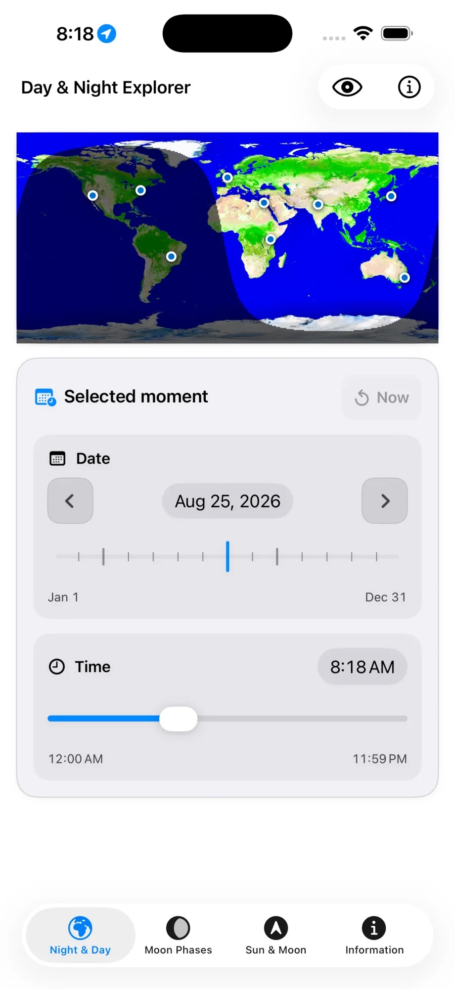 Night and Day showing the illuminated and dark areas of Earth at a selected moment