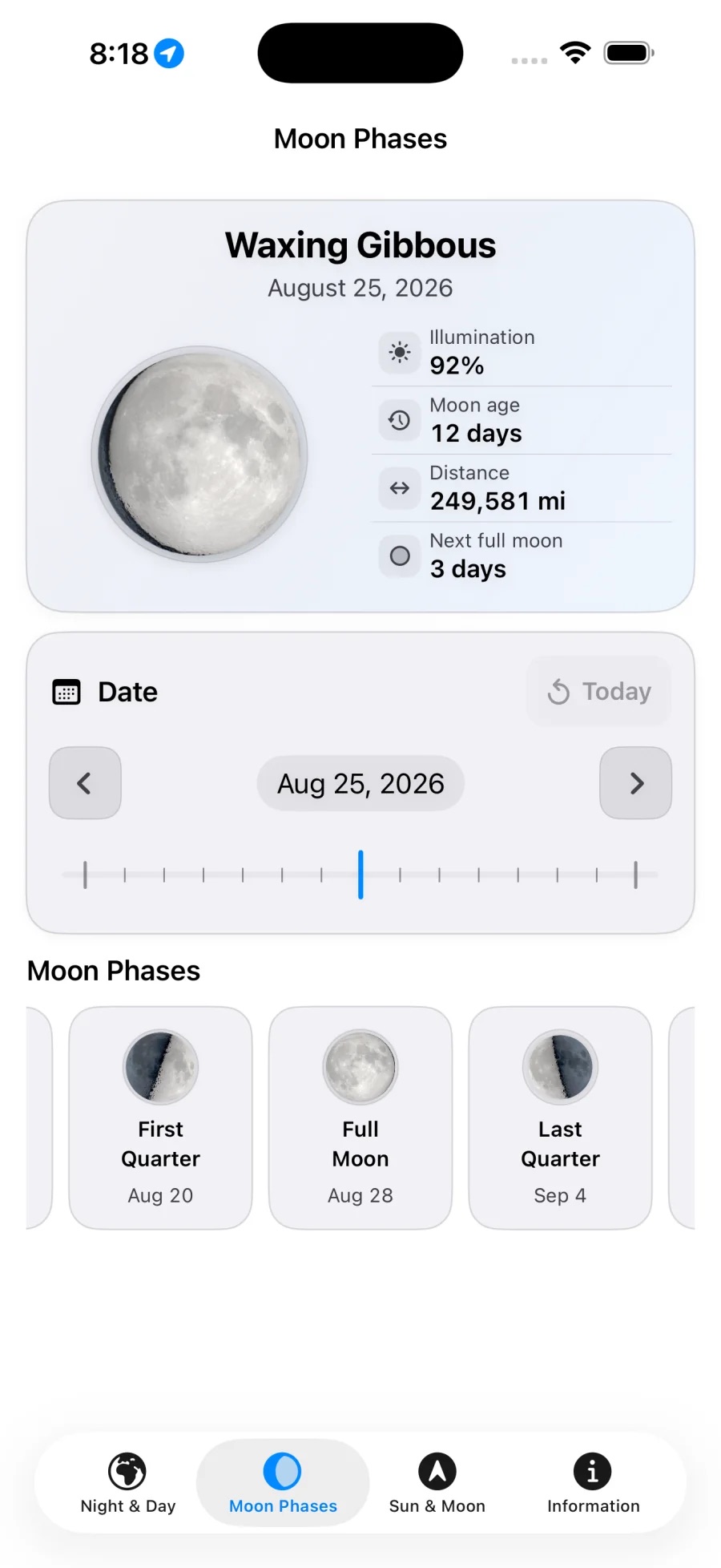 Moon Phases view showing a waxing gibbous Moon, illumination, age, distance, and upcoming phases