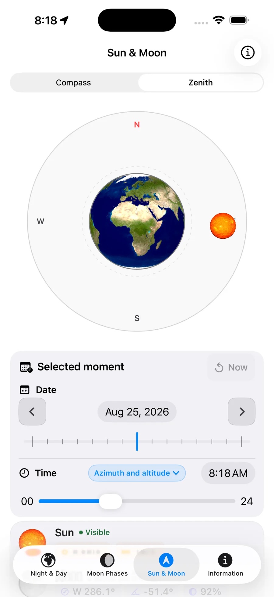 Zenith view showing Earth, the Sun, compass directions, azimuth, and altitude controls