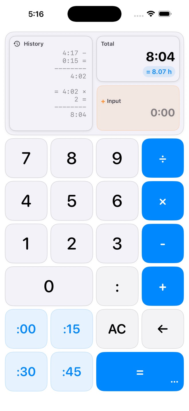 Time Calculator showing a complete calculation history, an HH:mm result, decimal hours, and its keypad