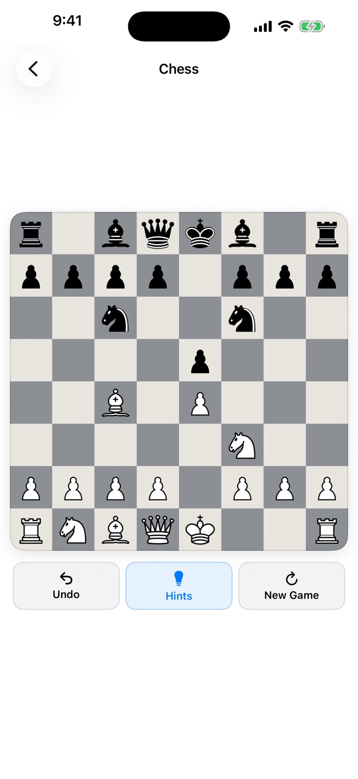 Chess game in progress with Undo, Hints, and New Game controls