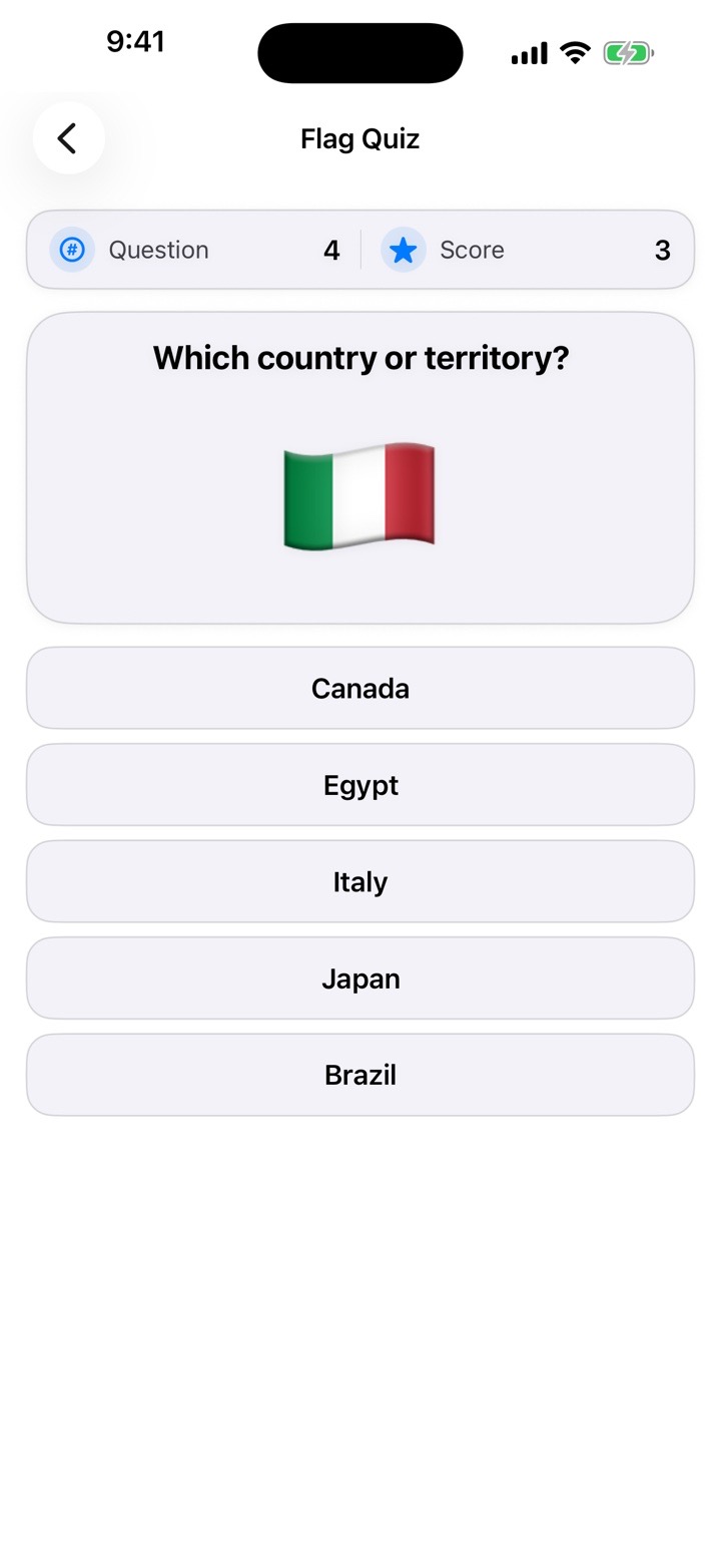 Flag Quiz asking the player to identify the Italian flag from five answers