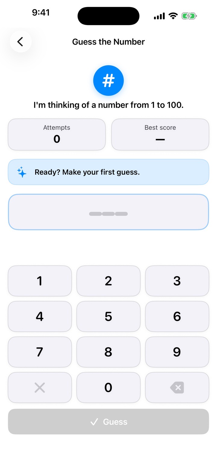 Guess the Number game with attempts, best score, clue area, and numeric keypad