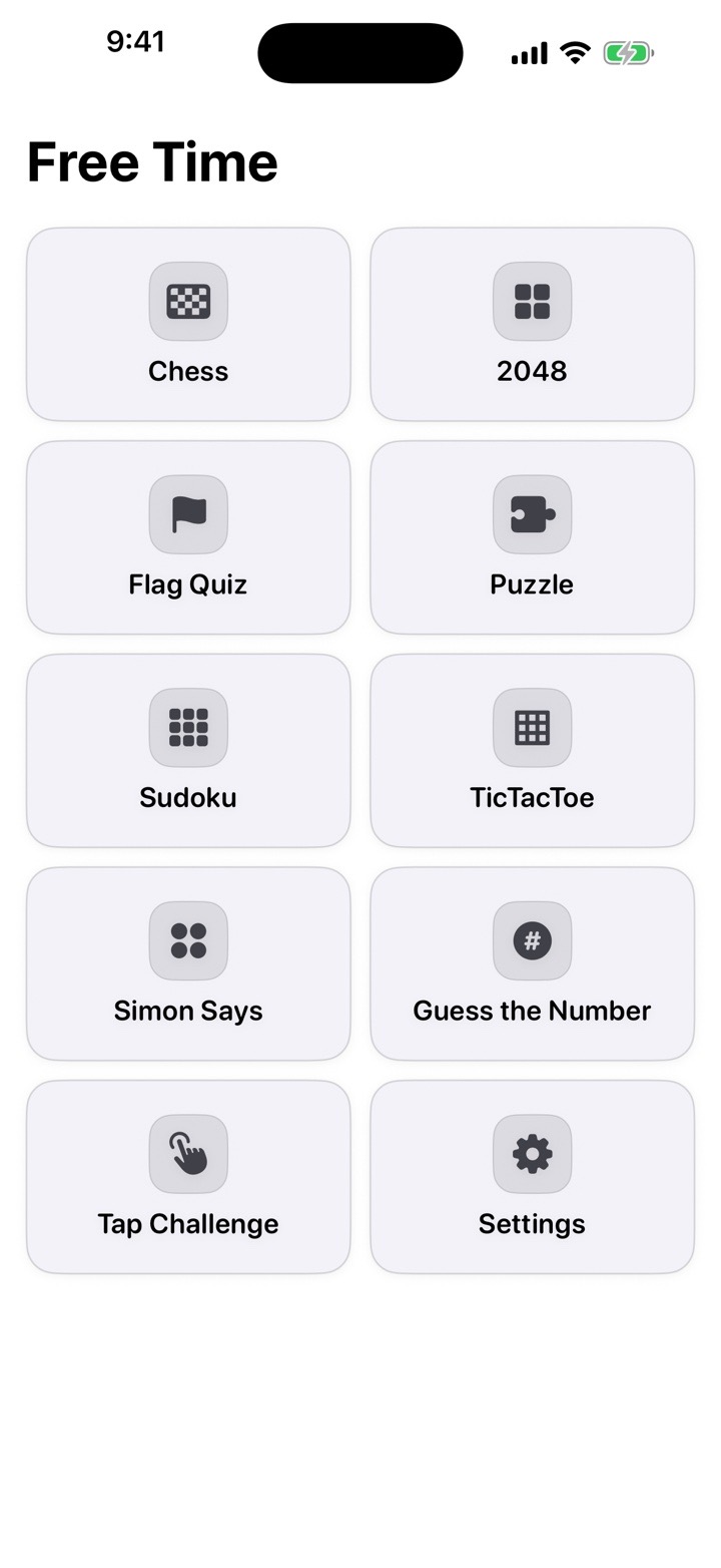 Free Time Games home screen listing Chess, 2048, Flag Quiz, Puzzle, Sudoku, TicTacToe, Simon Says, Guess the Number, Tap Challenge, and Settings
