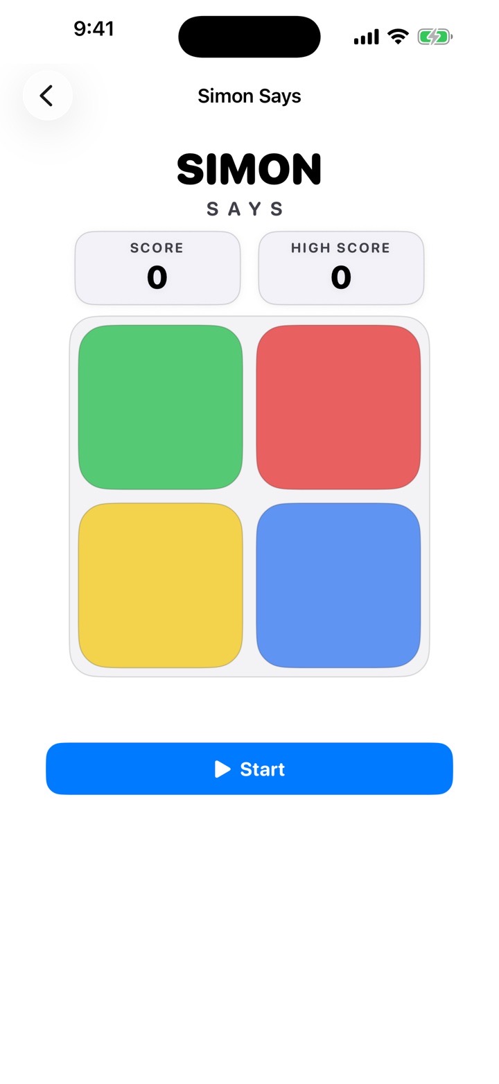 Simon Says game with four colored buttons, current score, high score, and start control