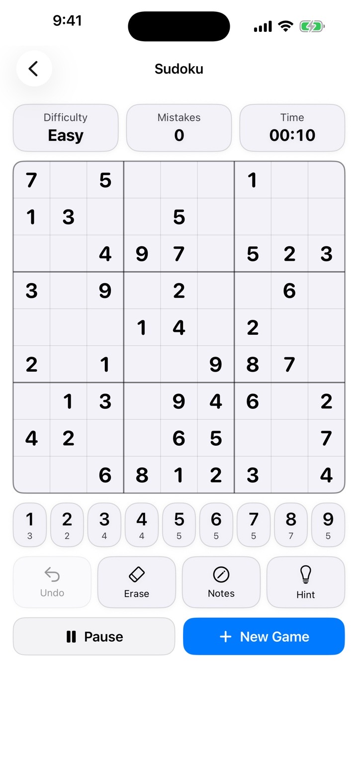 Sudoku game with difficulty, mistakes, timer, notes, hint, pause, and new game controls