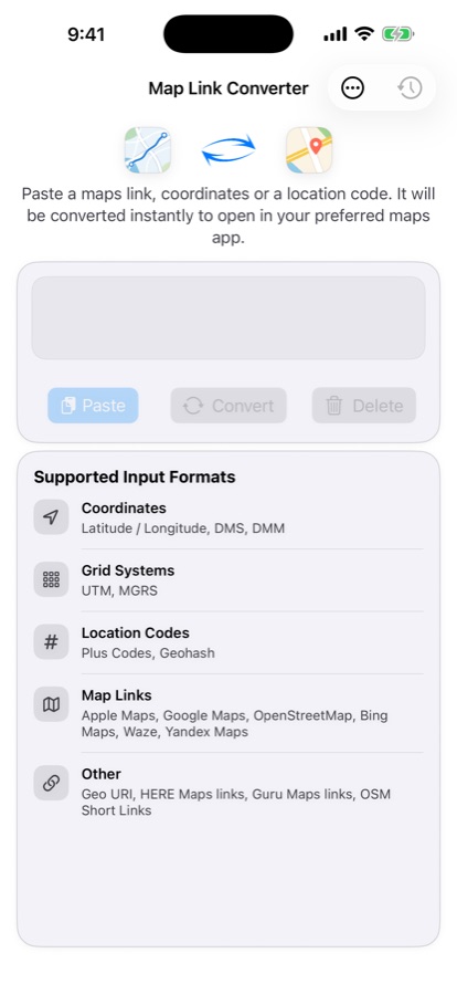Map Switch ready to convert coordinates, grid systems, location codes, and links from map services