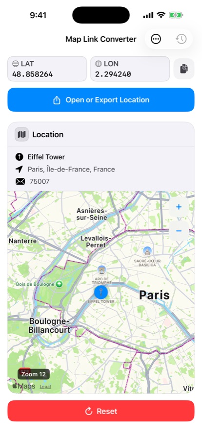 Map Switch showing a converted Eiffel Tower location with coordinates, address, and map preview