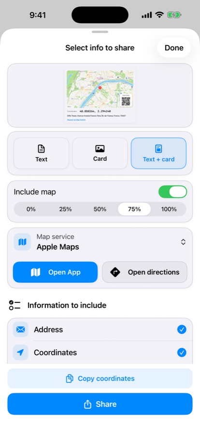 Map Switch export panel with text, map card, map service, directions, coordinates, and sharing options