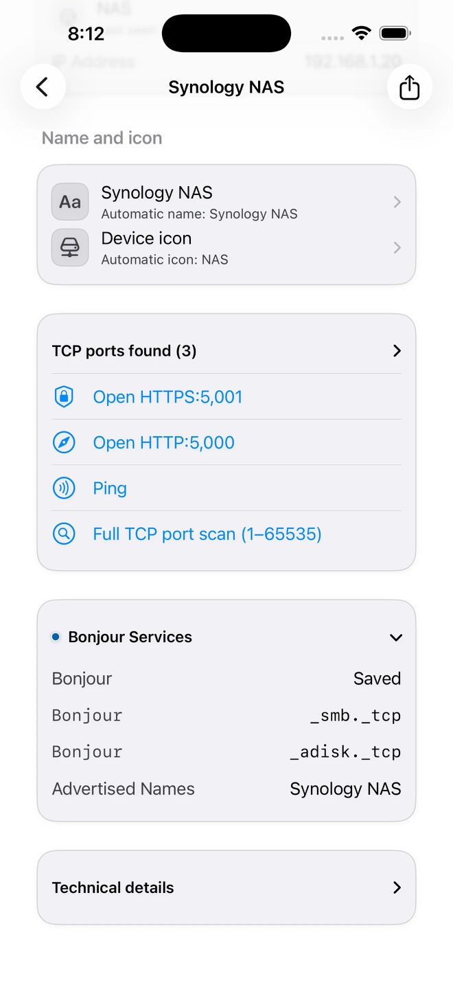Details and detected services for a network device