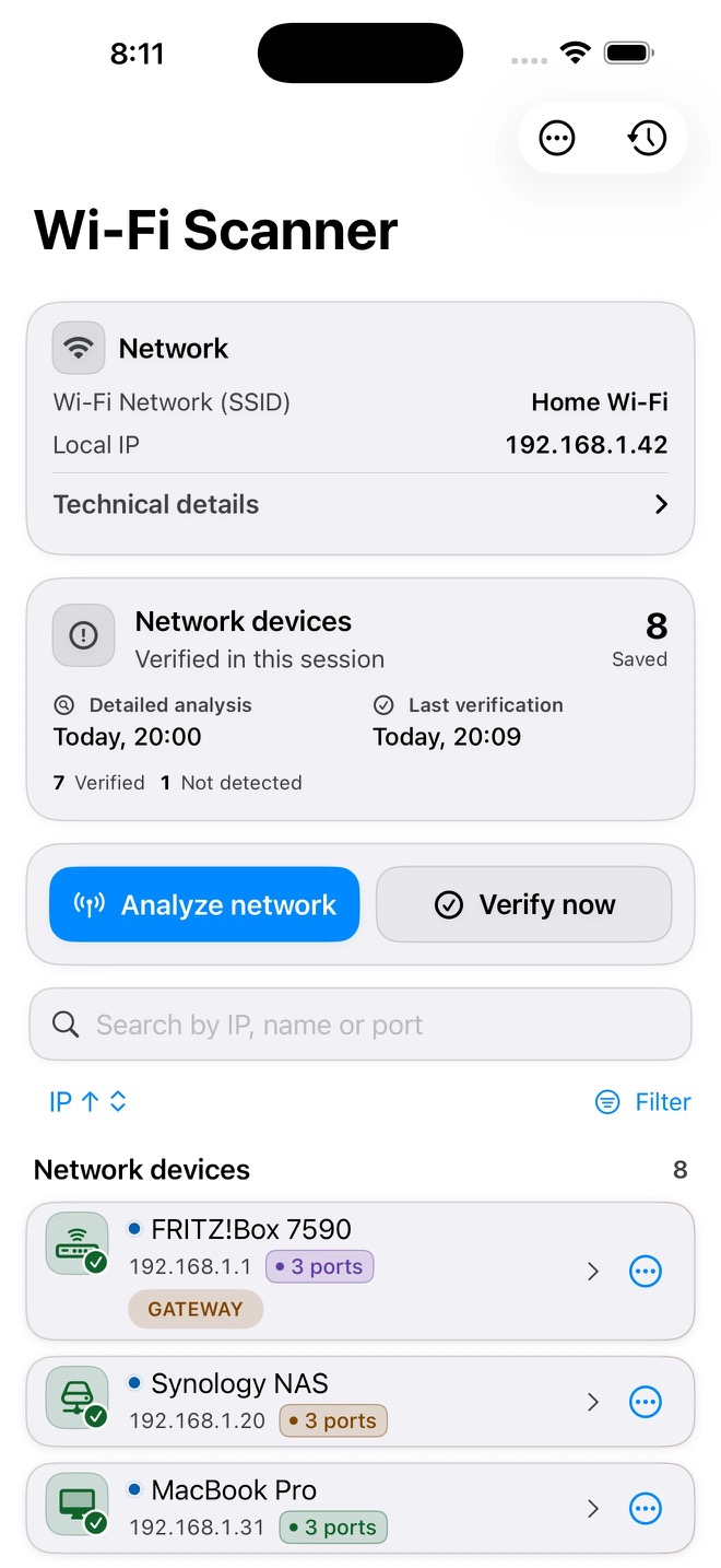 Wi-Fi Scanner showing a local network and its discovered devices