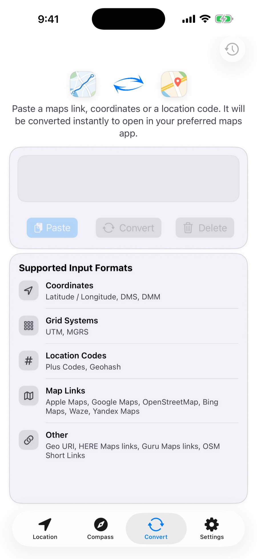 Where Am I converter ready to accept coordinates, location codes, and links from map services