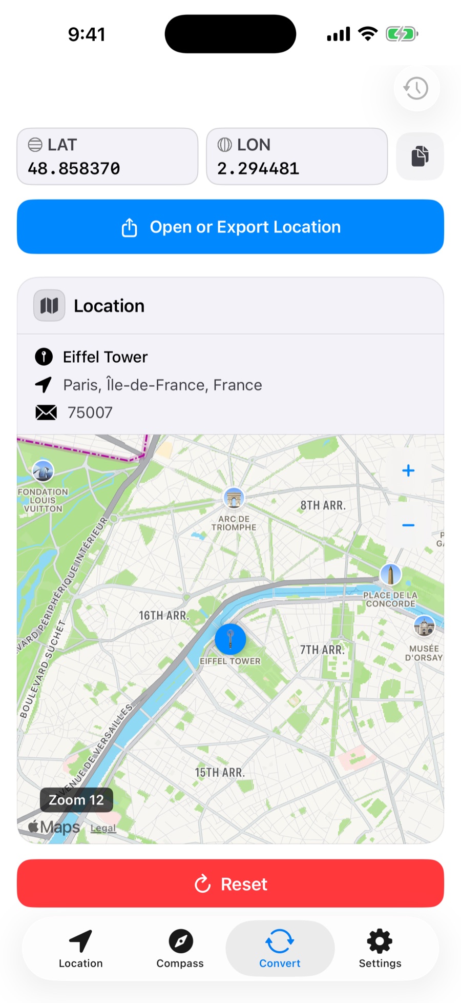 Where Am I showing the result of converting an Eiffel Tower location with coordinates and map services