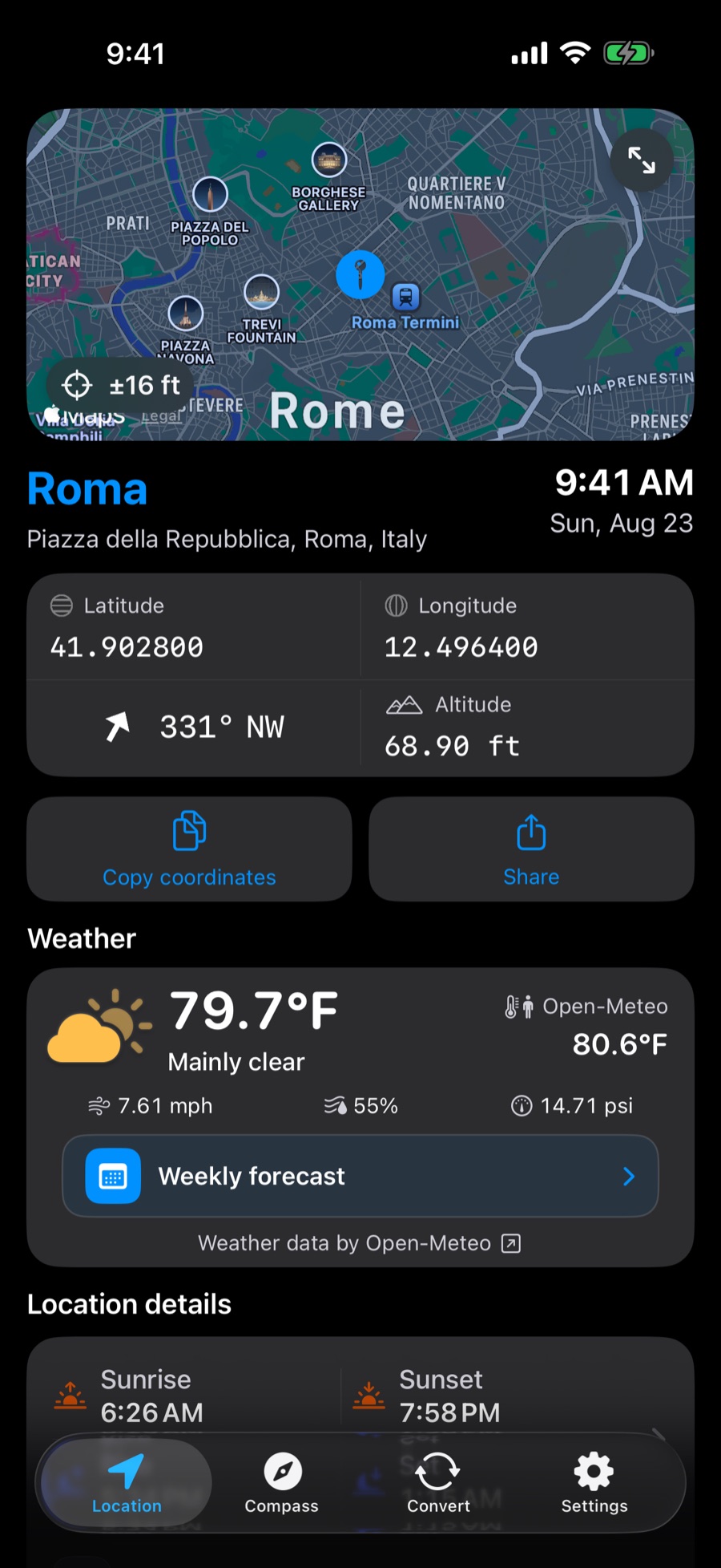 Where Am I location screen in dark appearance