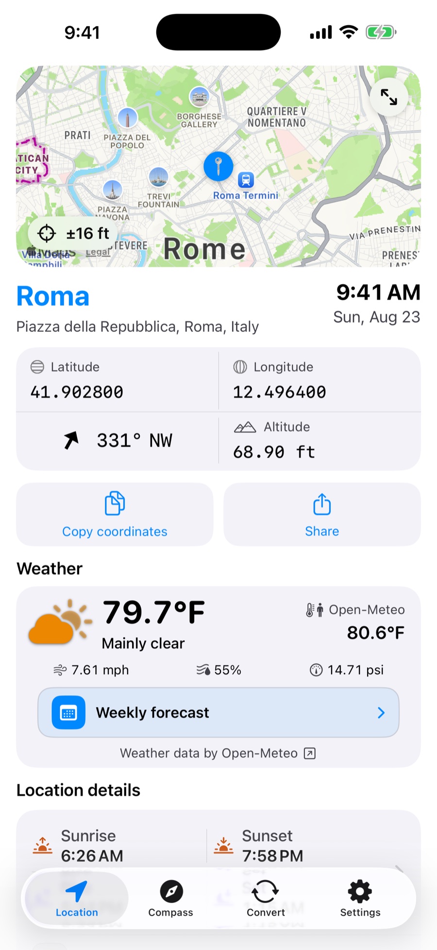 Where Am I showing a location in Rome with a map, coordinates, altitude, weather, and local details