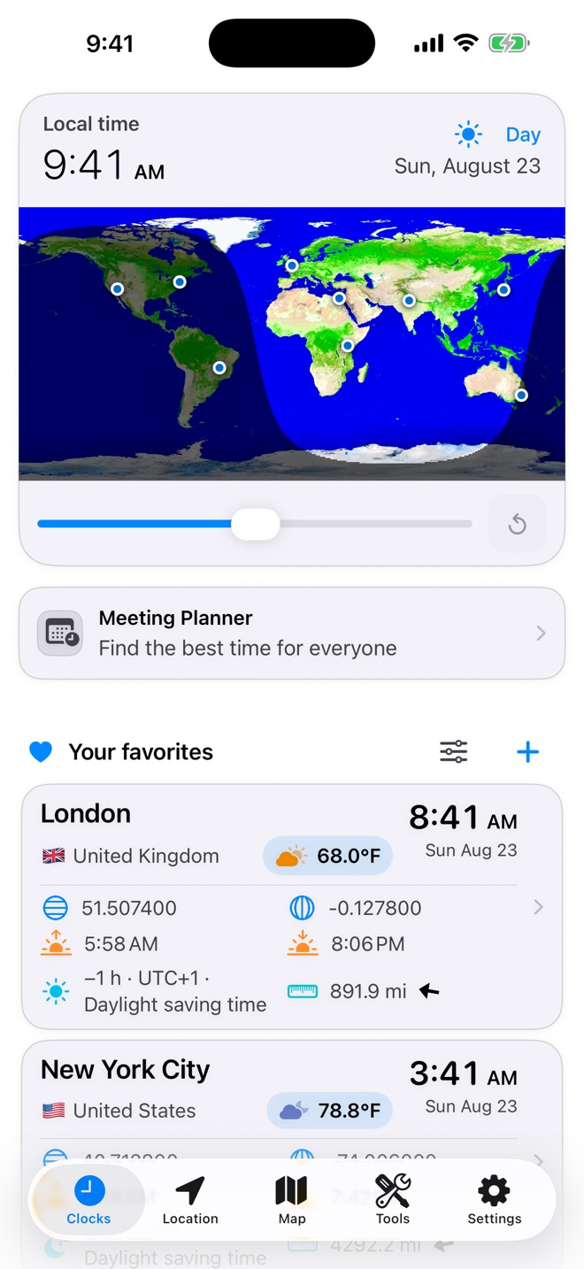 World Clock showing local time, the daylight map, and favorite cities