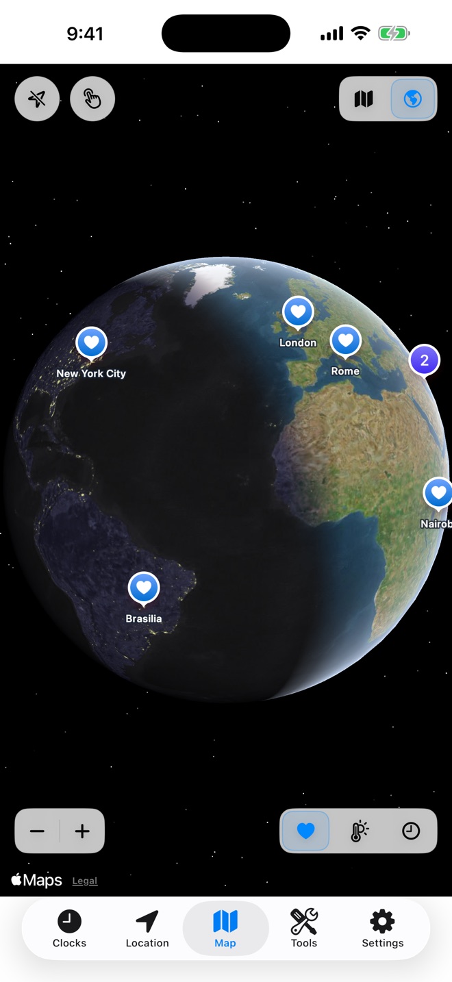 Interactive globe showing favorite cities on the day and night boundary