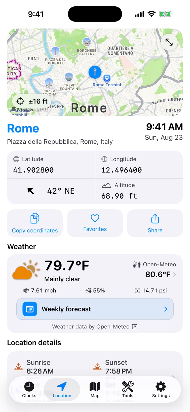 Location screen for Rome with coordinates, altitude, weather, sunrise, and sunset