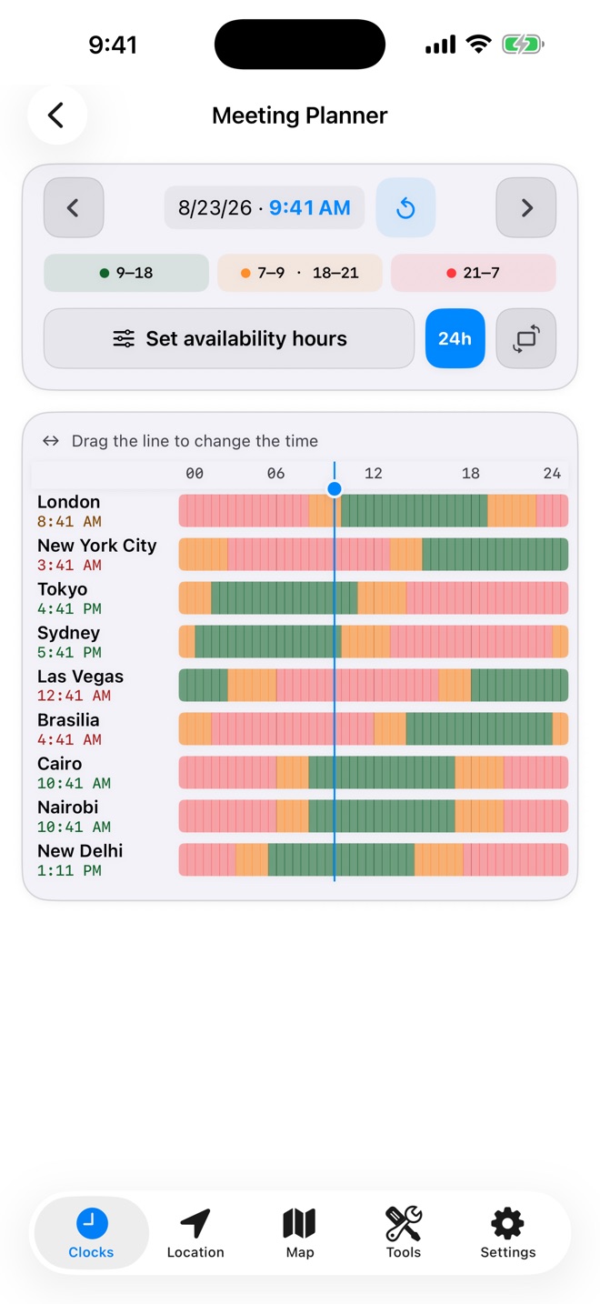 Meeting Planner comparing working hours in cities around the world