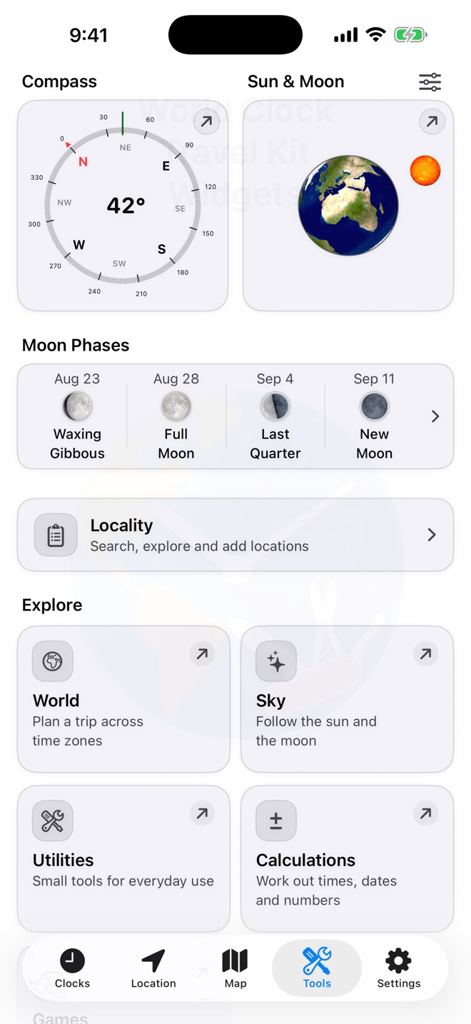Tools screen with compass, Sun and Moon, moon phases, and utility categories